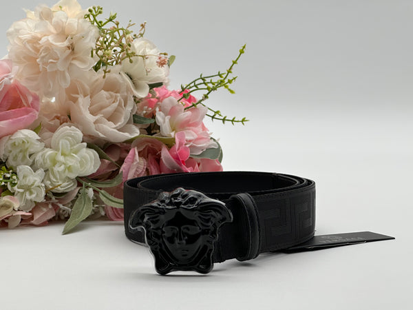 Authentic Versace Men's Black Tonal Medusa Greek Key Web Belt