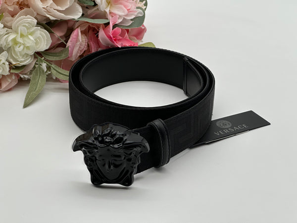 Authentic Versace Men's Black Tonal Medusa Greek Key Web Belt