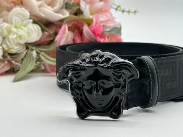 Authentic Versace Men's Black Tonal Medusa Greek Key Web Belt