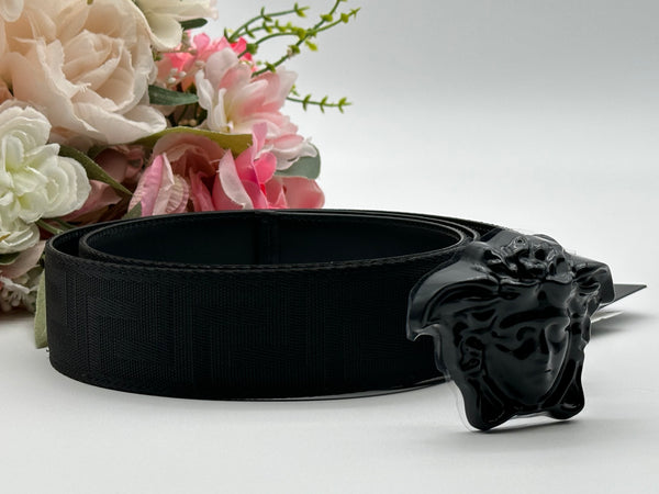 Authentic Versace Men's Black Tonal Medusa Greek Key Web Belt
