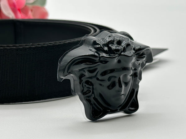 Authentic Versace Men's Black Tonal Medusa Greek Key Web Belt