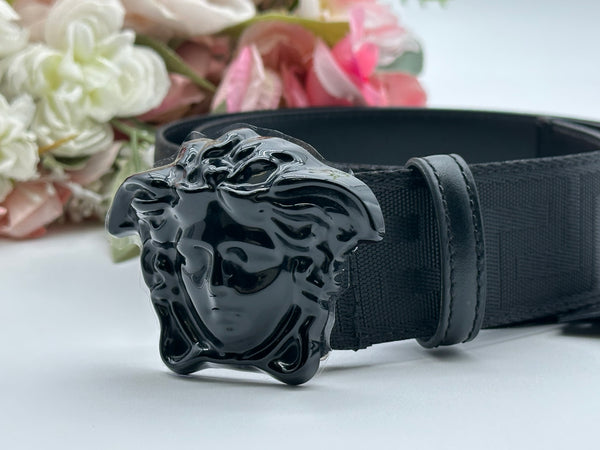 Authentic Versace Men's Black Tonal Medusa Greek Key Web Belt