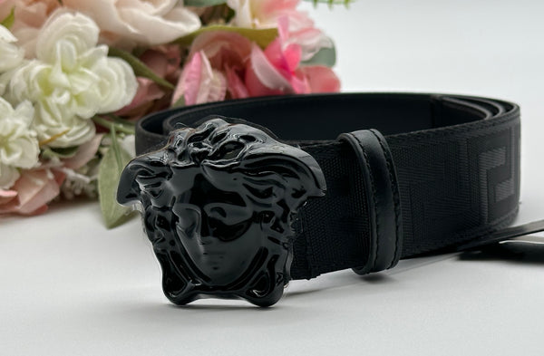 Authentic Versace Men's Black Tonal Medusa Greek Key Web Belt