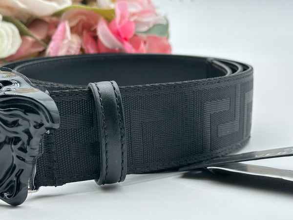 Authentic Versace Men's Black Tonal Medusa Greek Key Web Belt