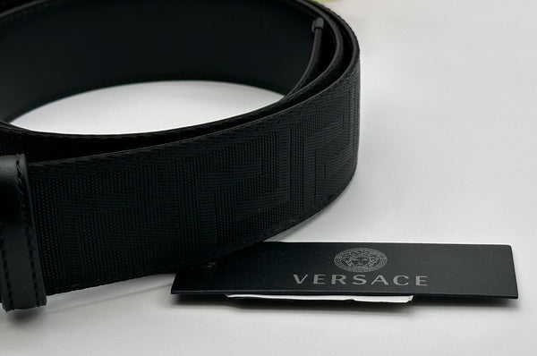 Authentic Versace Men's Black Tonal Medusa Greek Key Web Belt