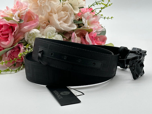 Authentic Versace Men's Black Tonal Medusa Greek Key Web Belt