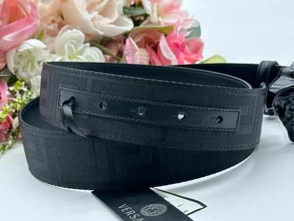 Authentic Versace Men's Black Tonal Medusa Greek Key Web Belt