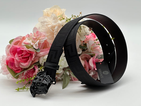 Authentic Versace Men's Black Tonal Medusa Greek Key Web Belt