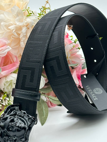 Authentic Versace Men's Black Tonal Medusa Greek Key Web Belt