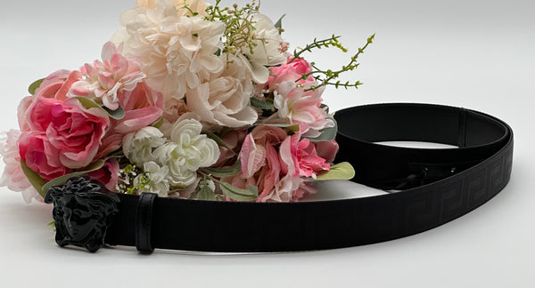 Authentic Versace Men's Black Tonal Medusa Greek Key Web Belt