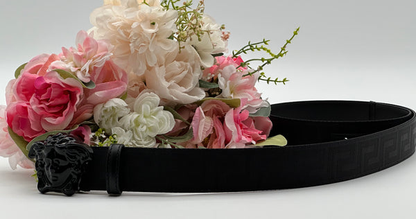 Authentic Versace Men's Black Tonal Medusa Greek Key Web Belt