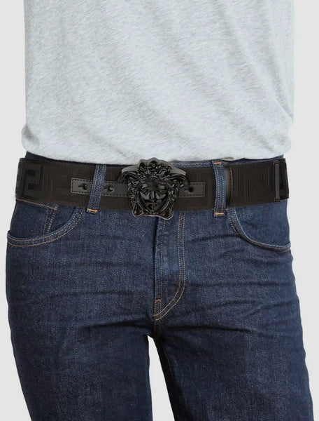 Authentic Versace Men's Black Tonal Medusa Greek Key Web Belt
