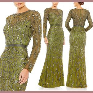 MAC DUGGAL Olive Beaded Sequin Embellished Sheer Long Sleeve Belt Detail Gown 4