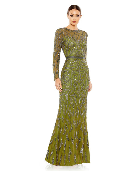 MAC DUGGAL Olive Beaded Sequin Embellished Sheer Long Sleeve Belt Detail Gown 4
