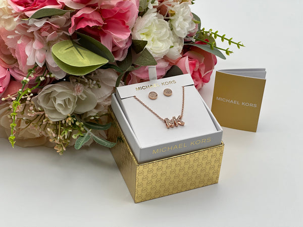 Michael Kors Rose Gold -Tone Brass Logo Necklace and Earrings Set