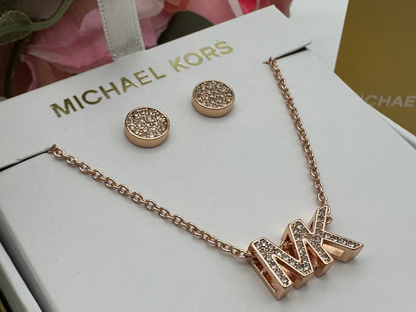 Michael Kors Rose Gold -Tone Brass Logo Necklace and Earrings Set