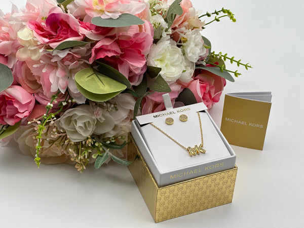 Michael Kors Gold-Tone Brass Logo Necklace and Earrings Set