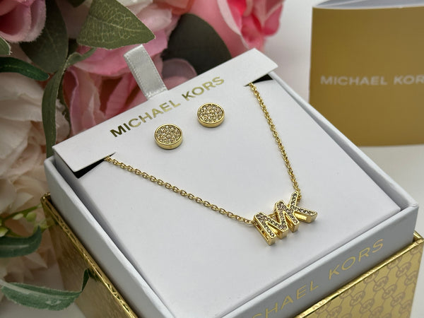 Michael Kors Gold-Tone Brass Logo Necklace and Earrings Set