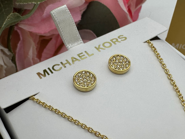 Michael Kors Gold-Tone Brass Logo Necklace and Earrings Set