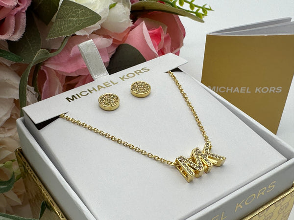 Michael Kors Gold-Tone Brass Logo Necklace and Earrings Set