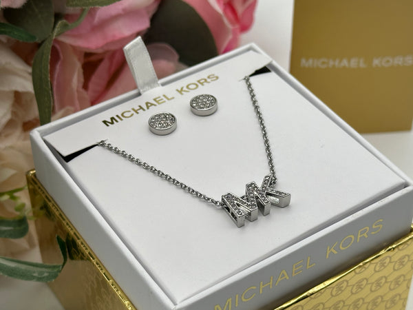 Michael Kors Silver-Tone Brass Logo Necklace and Earrings Set