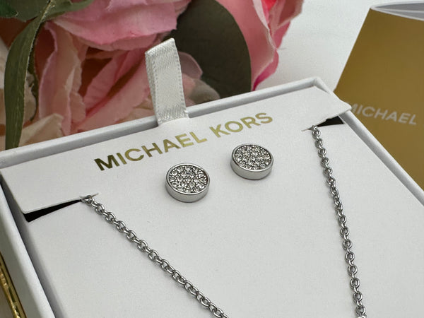 Michael Kors Silver-Tone Brass Logo Necklace and Earrings Set