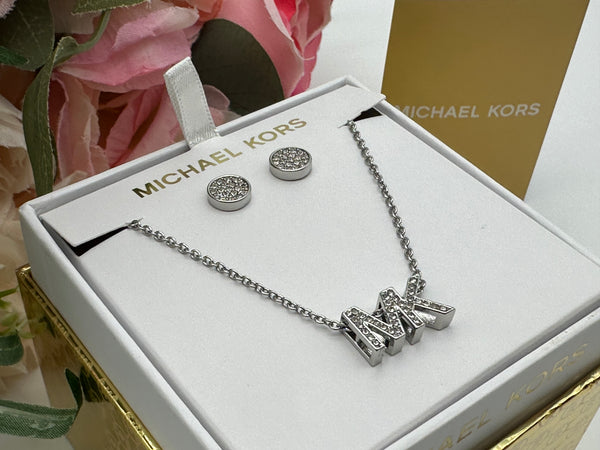 Michael Kors Silver-Tone Brass Logo Necklace and Earrings Set