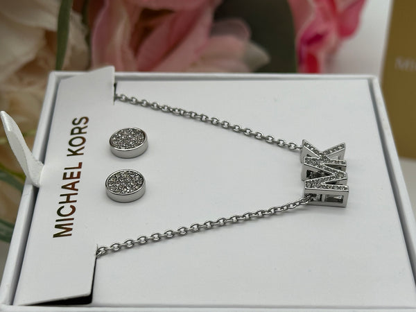 Michael Kors Silver-Tone Brass Logo Necklace and Earrings Set