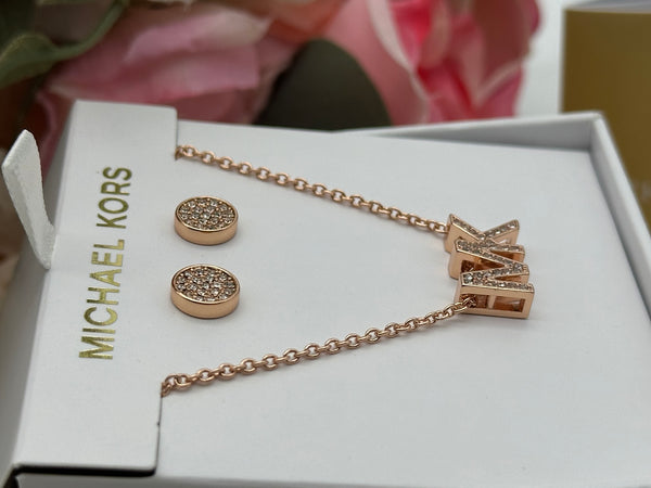 Michael Kors Rose Gold -Tone Brass Logo Necklace and Earrings Set