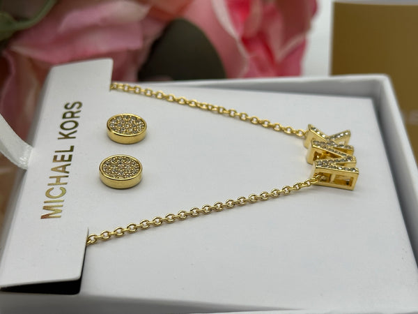 Michael Kors Gold-Tone Brass Logo Necklace and Earrings Set