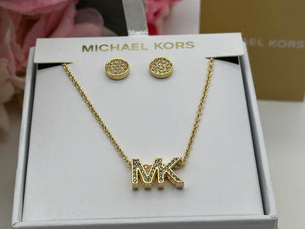 Michael Kors Gold-Tone Brass Logo Necklace and Earrings Set