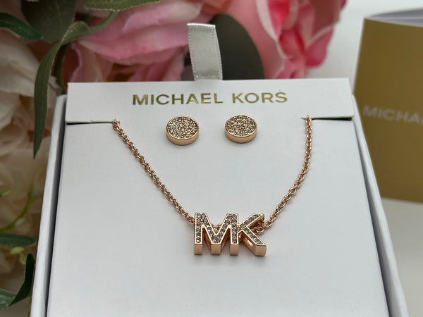 Michael Kors Rose Gold -Tone Brass Logo Necklace and Earrings Set