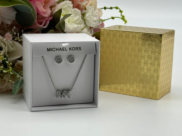 Michael Kors Silver-Tone Brass Logo Necklace and Earrings Set