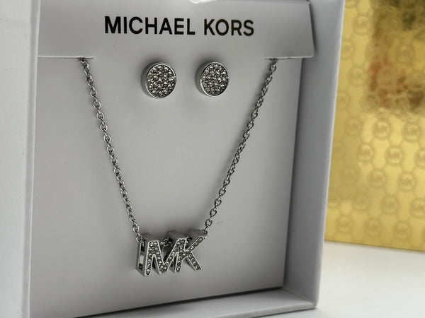 Michael Kors Silver-Tone Brass Logo Necklace and Earrings Set