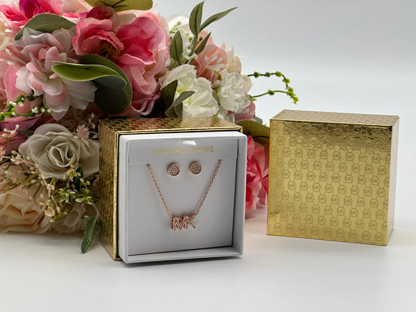 Michael Kors Rose Gold -Tone Brass Logo Necklace and Earrings Set