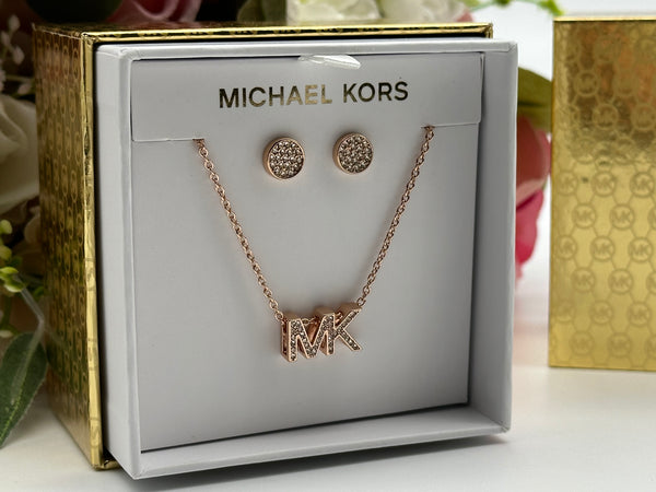 Michael Kors Rose Gold -Tone Brass Logo Necklace and Earrings Set