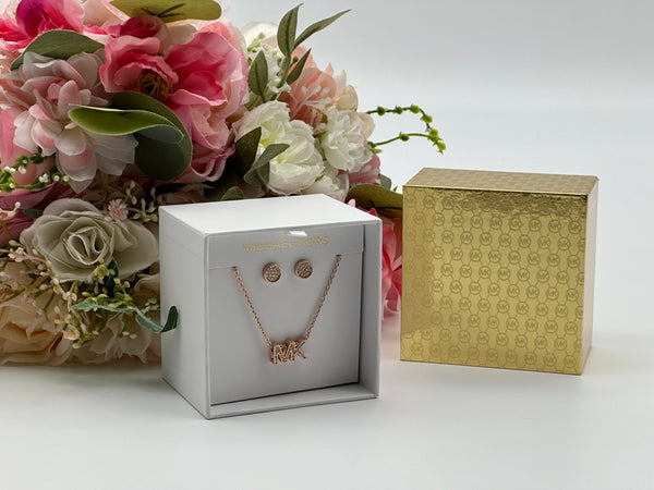 Michael Kors Rose Gold -Tone Brass Logo Necklace and Earrings Set