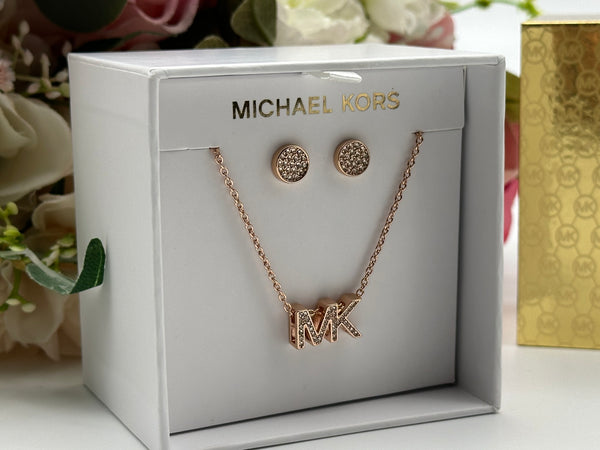 Michael Kors Rose Gold -Tone Brass Logo Necklace and Earrings Set