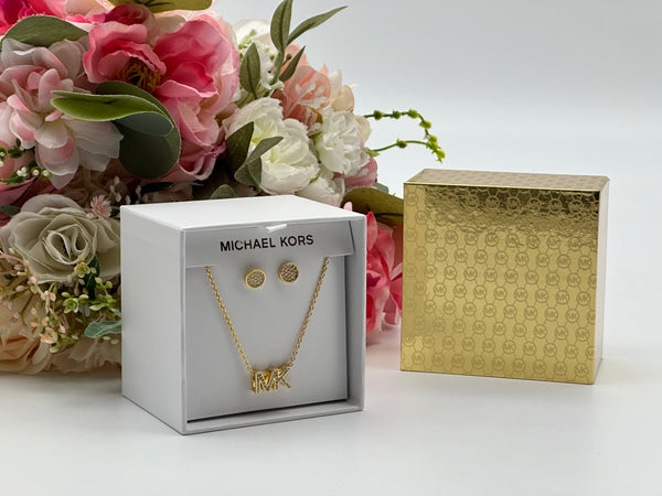 Michael Kors Gold-Tone Brass Logo Necklace and Earrings Set
