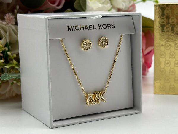 Michael Kors Gold-Tone Brass Logo Necklace and Earrings Set