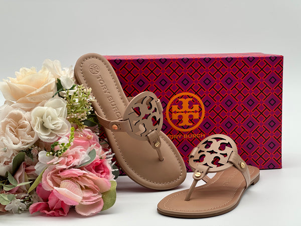 Authentic Tory Burch Women's Leather Light Sand Miller Thong Sandals Shoes Size US 5.5