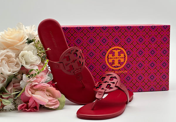 Authentic Tory Burch Women's Tory Red Miller Soft Thong Leather Sandals Shoes Size US 5