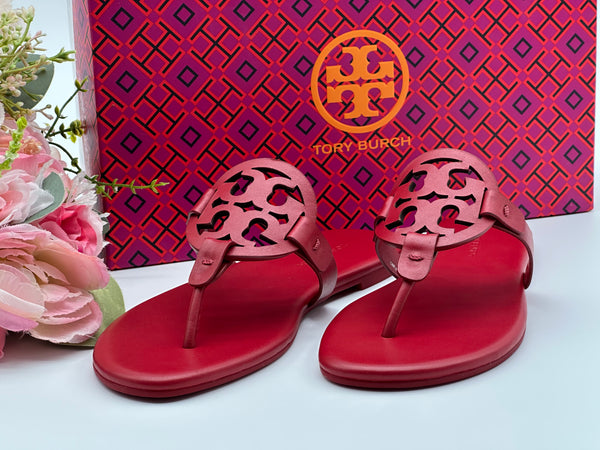 Authentic Tory Burch Women's Tory Red Miller Soft Thong Leather Sandals Shoes Size US 5