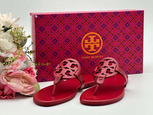 Authentic Tory Burch Women's Tory Red Miller Soft Thong Leather Sandals Shoes Size US 5