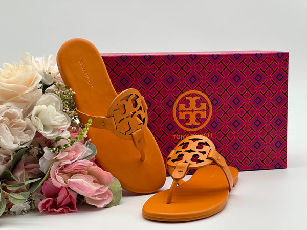 Authentic Tory Burch Orange Citrine Miller Soft Leather Sandals Size 5