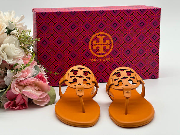 Authentic Tory Burch Orange Citrine Miller Soft Leather Sandals Size 5