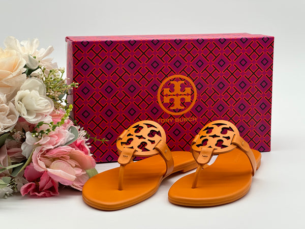 Authentic Tory Burch Orange Citrine Miller Soft Leather Sandals Size 5