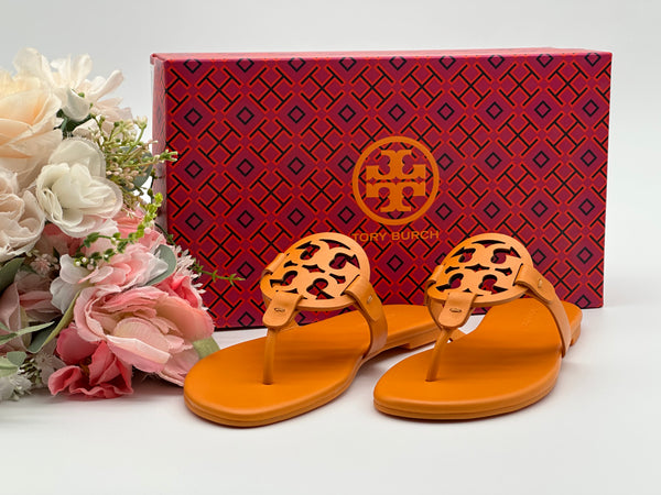 Authentic Tory Burch Orange Citrine Miller Soft Leather Sandals Size 5