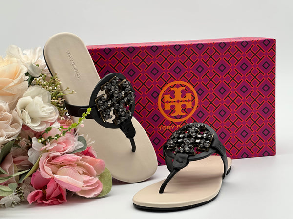 Authentic Tory Burch Women's Black Crystal Embellished Thong Sandal Shoes Size US 5