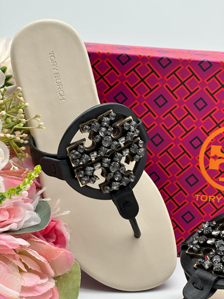 Authentic Tory Burch Women's Black Crystal Embellished Thong Sandal Shoes Size US 5